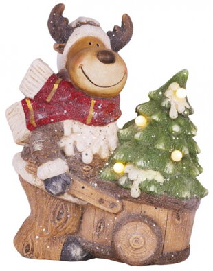 Dekorácia MagicHome Vianoce, Sobík s vozíkom, 4 LED, 3xAA, keramika, 33,50x24x43 cm 8090923