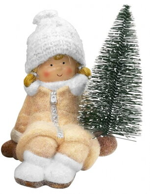 Postavička MagicHome Vianoce, Dievčatko so stromčekom, terakota, 14,5x13x17 cm 8090936