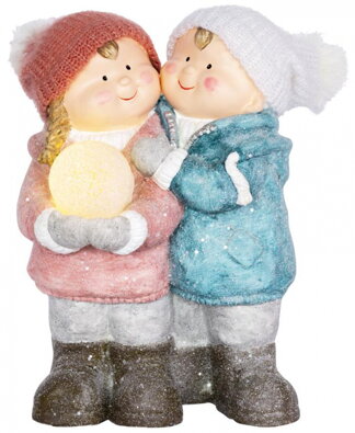 Postavička MagicHome Vianoce, Chlapček a dievčatko so snehovou guľou, 1 LED, keramika, 27,5x23x40 cm 8090941