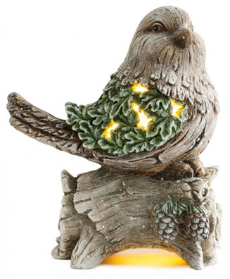 Dekorácia MagicHome Vianoce, Sýkorka na kmeni, 9 LED, 3xAAA, keramika, 22x21,50x40 cm 8090953