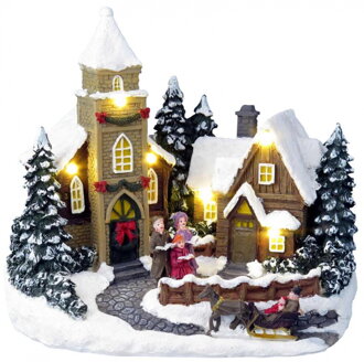 Dekorácia MagicHome Vianoce, Vianočný domček, 6 LED teplá biela, s melódiami, polyresin, 3xAA, inter 8090889A