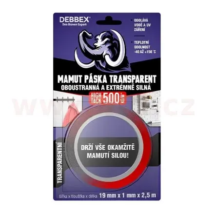 Debbex Oboustranná a extrémně silná MAMUT PÁSKA TRANSPARENT19 mm x 1 mm x 2,5 m