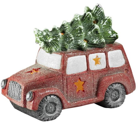 Dekorácia MagicHome Vianoce, Minivan so stromčekom, 1 LED, 3xAAA, keramika, 35x19x29 cm 8090325