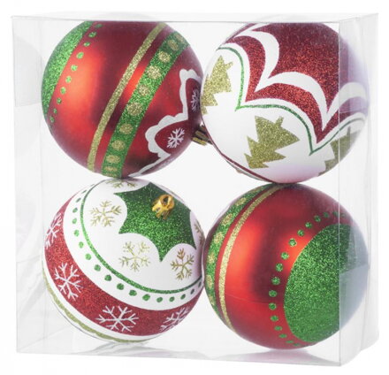Gule MagicHome Vianoce, 4 ks, červeno - zelené, s ornamentami, na vianočný stromček, 10 cm 8091051