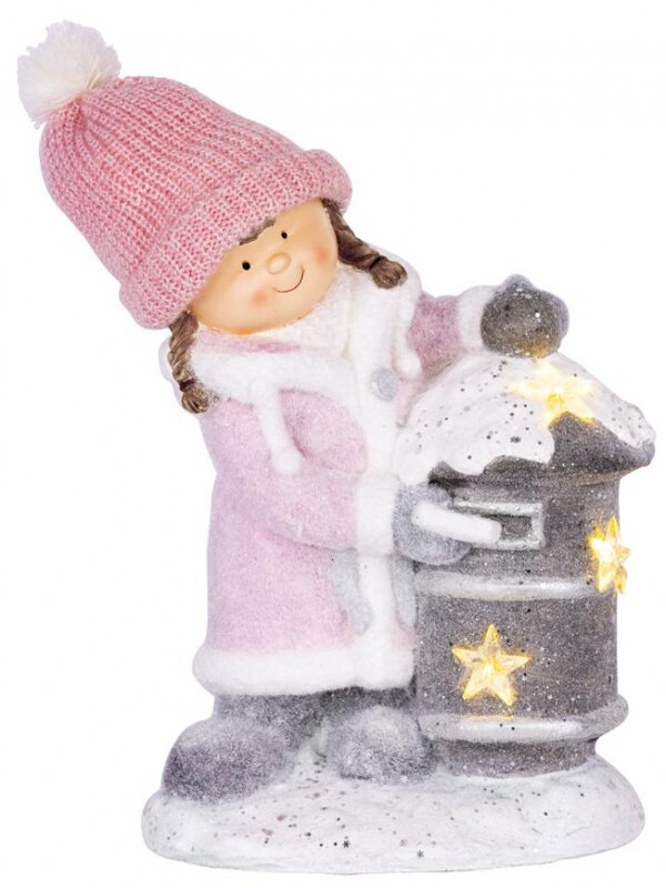 Dekorácia MagicHome Vianoce, Dievčatko so schránkou, 1 LED, 3xAA, keramika, 31x23x43 cm 8090926