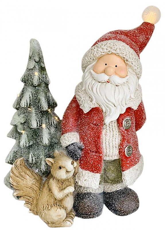 Dekorácia MagicHome Vianoce, Santa s veveričkou a stromčekom, 1 LED, 2xAAA, keramika, 35,50x20x46 cm 8090955