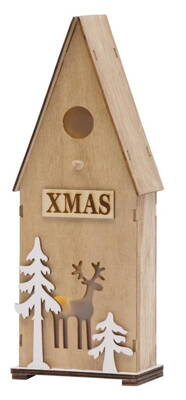 Dekorácia MagicHome Vianoce Woodeco, Vtáčia búdka, 3 LED, 12x7x32 cm 8090132