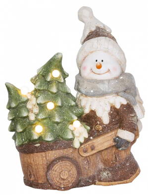 Dekorácia MagicHome Vianoce, Snehuliak s vozíkom, 6 LED, 3xAA, keramika, 35x24x43 cm 8090924