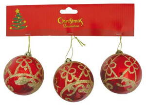 Gule MagicHome Vianoce, 3 ks, červené so zlatým ornamentom, 6 cm 2170427